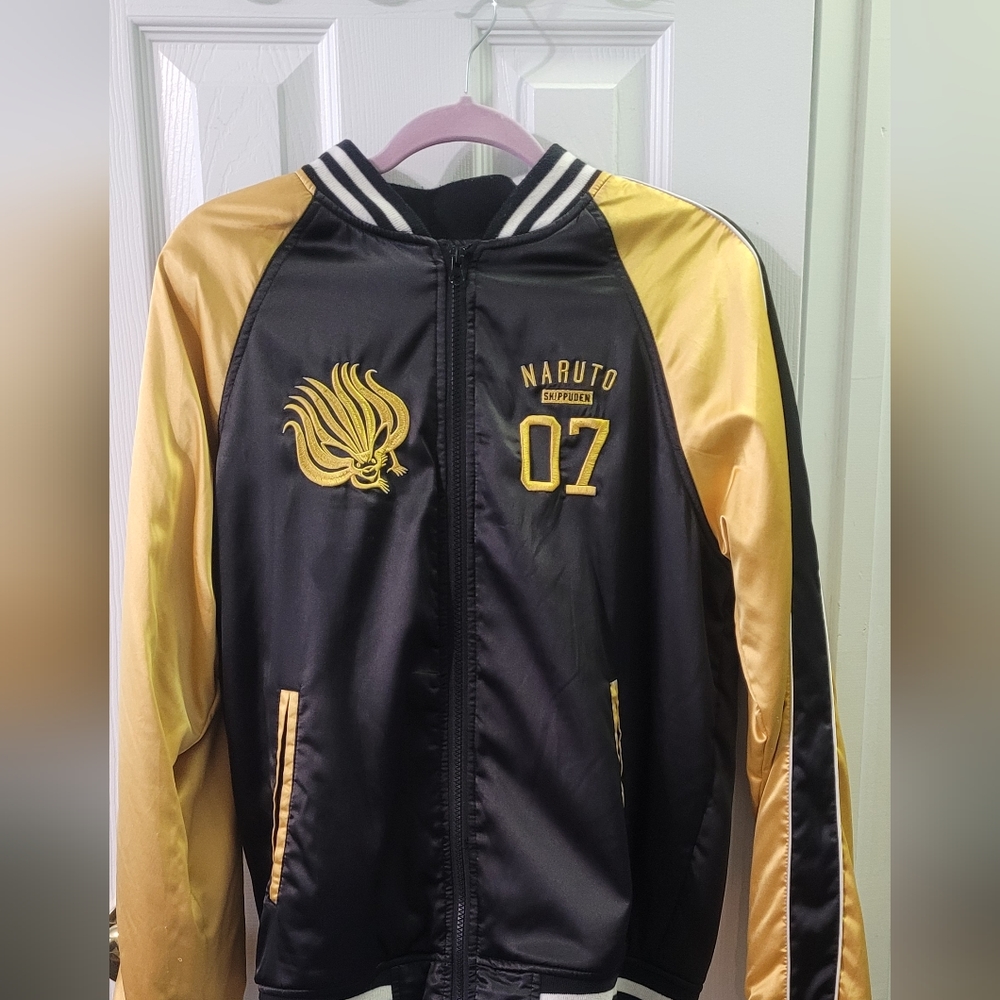 Naruto Shippuden Satin Bomber Varsity Jacket Zip Black Yellow Gold Men's Size M